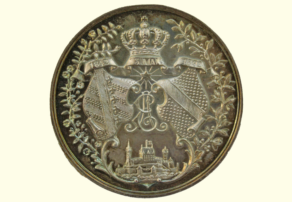 Versilberte Bronzemedaille 1892 - Wappen Coburg Baden (Rückseite)